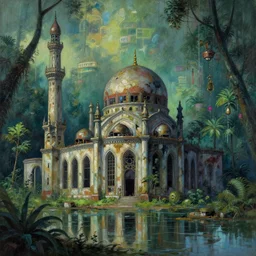a beautiful detailed painting of abandoned architecture industrial architecture mosque by richard diebenkorn, nature water darkacademia magic realism vice city san andreas alien postcyberpunk forest at summer tron studio ghibli, archdaily, wallpaper, highly detailed, trending on artstation.