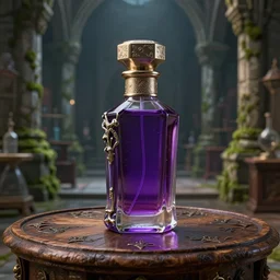hyper realistic and higly detailed deadly poison bottle, purple liquid inside on a design medieval wood table. the bottle is designed like a trendy perfume bottle. background is a laboratory complex architecture mossy stone pilars. professional digital art, dnd style, ultra detailed, trending on artstation, concept art, octane render, unreal engine 5, 8 k rendering.