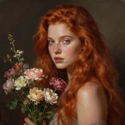 goddess of flowers. long ginger hair. atmospheric lighting. highly detailed digital painting by greg rutkowski. sharp focus, 8 k.