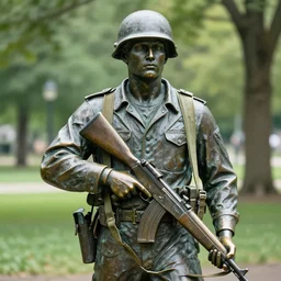 a 4 k photorealistic photo medium shot waist up of a bronze statue of an american soldier with a rifle across his chest in a park