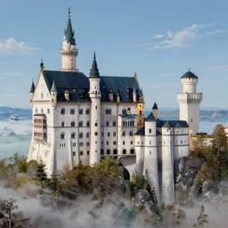 highly detailed fantasy art, artstation style, artstation form,  castle neuschwanstein floating in the sky, surrounded by clouds, surreal dreamscape, painting by paul lehr and mark Keathley
