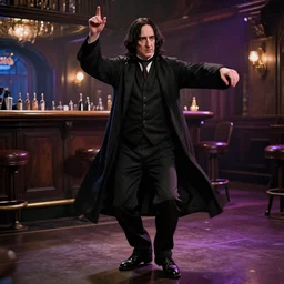 Severus Snape dances in a bar, neons, realistic, full body, very detailed, super realistic