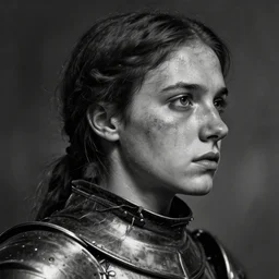 close - up portrait of a young joan of arc in armor, with a dirty and sweaty face, determined expression, in profile, realistic shaded, dramatic lighting, black - and - white, concept art, hyper detailed, trending on artstation, by christophe young, by wlop, by greg rutkowski, by raymond swanland