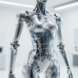highly detailed chromium cybernetic endoskeleton in a white room : : transparent armor made of glass : : upper body closeup