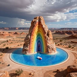 rainbow rocks outdoor sculpture, desert with pills of bright blue water, birds eye view