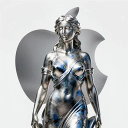 ( perfect statue of a woman ) designed by apple, studio photo, white backdrop, studio light, solid works, octane render, macro shot, in focus, dept of field, silver, blue, black design