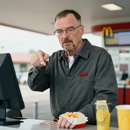 walter white working at mcdonalds, stressed, serving at drive thru, photorealistic, hd, 4k, natural lighting, cinematic