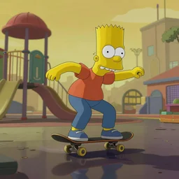 (Night City Cyberpunk 2077) Bart Simpson skateboarding at a playground, muted cyberpunk style, high energy, desolate, atmospheric, hazy, sweltering, autochrome, 8K, 4K, reflections, octane render, unreal engine 5