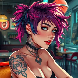 stylish cyberpunk girl with tattoo and wild colorful hair, detailed cafe background full body, fine detail, anime, realistic shaded lighting, directional lighting 2 d poster by ilya kuvshinov, magali villeneuve, artgerm, jeremy lipkin and michael garmash and rob rey