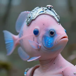 natural light, soft focus portrait of a male cyberpunk anthropomorphic angler fish with soft synthetic pink skin, blue bioluminescent plastics, smooth shiny metal, elaborate ornate head piece, piercings, skin textures, by annie leibovitz, paul lehr