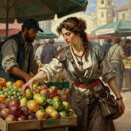 a detailed portrait of a woman at a market place buying fruit from a merchant, borderlands 3, painting by gaston bussiere, craig mullins, j. c. leyendecker