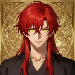 portrait of hisoka morow hunter hunter, male, sharp jaw yellow eyes small eyes red hair crimson medium length hair, anime, fantasy, intricate, elegant, highly detailed, digital painting, artstation, concept art, smooth, sharp focus, illustration, art by artgerm and greg rutkowski and alphonse mucha