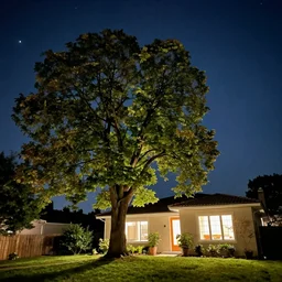 incredible beautiful tree near the house, stars in the sky, very cozy, high quality photo