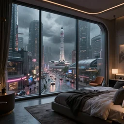 a futuristic confy bedroom, with a huge glass window overlooking blade runner 2 0 4 9 city architecture, space x starship rocket launch site, environmental lighting, stormy weather, ray tracing, people walking on street, amazing view, highly detailed, heavy traffic, neon shops, octane render, unreal engine 5, 4 k