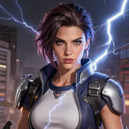 tracer from overwatch, character portrait, beautiful! model portrait, close up, concept art, intricate details, realistic, shaded lightning artstation, cinematic lightning highly detailed, 8 0's vintage retro miami, in the style of chris foss, rodger dean, michael whelan, and gustave dore
