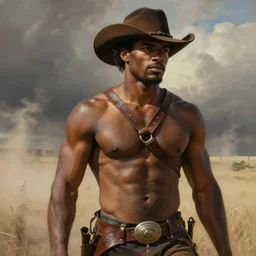 a beautiful dramatic epic painting of a handsome thick shirtless black man. he is wearing a leather harness and cowboy hat. prairie setting, dust clouds. homoerotic, highly detailed, dramatic lighting. by Mark Maggiori, by William Herbert Dunton, by Charles Marion Russell | trending on artstation
