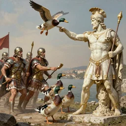 ducks!!!! fighting!! against greek warriors, ancient greek statue, epic, detailled