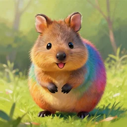 An adorable and colorful fantasy painting of a cute and happy rainbow quokka, by greg rutkowski and thomas kinkade, trending on artstation