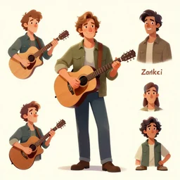 Folk musician design, character sheet, Greg Rutkowski, Zabrocki, Karlkka, Jayison Devadas, Phuoc Quan, trending on Artstation, 8K, ultra wide angle, zenith view, pincushion lens effect