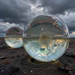 Giant Translucent multicolored spheres, reflections, transparent, cracks, hd photograph