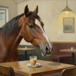 a painting of a horse picking its nose, while in a cafe