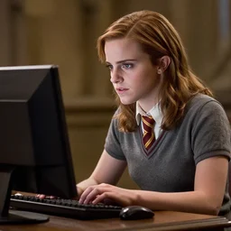 Photo of Emma Watson using a computer in Hogwarts