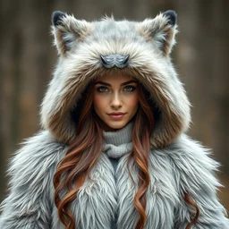 a woman wearing a fursuit of a wolf fursona, fursona, photograph, furry fandom
