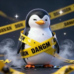 cyberpunk penguin with oil leaking, danger gross tape around, smoke, sparkles, 4k quality