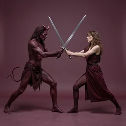 by frank miller, by zinaida serebriakova maroon soothing. a performance art of two people, one a demon & the other a human, fighting each other with swords.