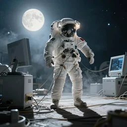 astronaut entangled by a lot of cables, connected to a supercomputer designed by Dieter Rams, cinematic lighting, haze, moonlight, strong shadows, octane render, lens flare