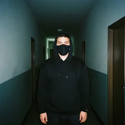 endless hallway in area 5 1 found footage dark noisy lights a man wearing a black hoodie looking at the camera wearing a black mask photo film grain noise
