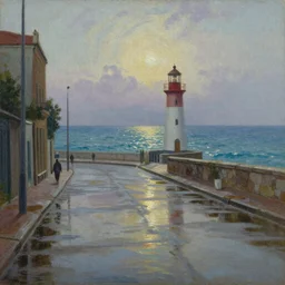 closeup of wet city street leading to ocean, reflections, lighthouse, shimmering iridescent water, in the style of Leonid Afremov, Zdzislaw Beksinski and Canaletto, highly detailed, soft lighting, film grain, medium format, 8k resolution, oil on canvas