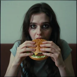 7 0 s film still from a horror movie starring a person with anorexia holding a burger, kodachrome, cinecolor, cinestill, photorealism, cinematic, film grain, film texture, vhs recording