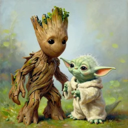 Painting of Groot and Yoda merging, Thomas Kinkade