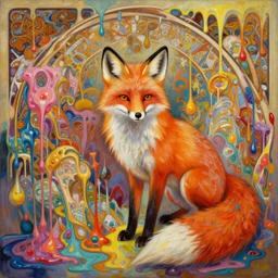 an hiper intricate oil painting of a beautifull surreal fox surounded by melting colorfull wax drips, colorfull, excelent composition, wide shot, by yoshitaka amano, by ellen jewett, by greg rutkowski, by alphonse mucha by jeremyg lipkinng, by rhads, by ross tran, artstation, octane render
