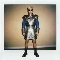 a person with blonde hair, a big nose, small lips, weird sunglasses, wearing a mongolian chestplate, a y 3 miniskirt, doc marten boots, polaroid, by jamel shabbaz, robert mapplethorpe, nan goldin