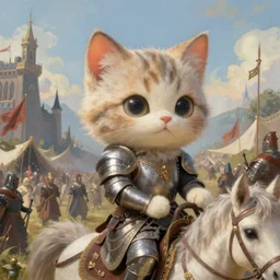 painted closeup of knight riding huge cute kitten, medieval fantasy battlefield, fantasy intricate elegant extremely detailed digital painting trending artstation concept art sharp focus illustration art by gustave courbet greg rutkowski craig mullins