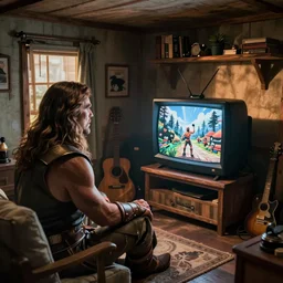 photo of conan the barbarian watching television in his tiny apartment, hd ( postprocessed )