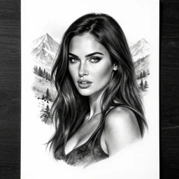tattoo design sketch of megan fox against a background of beautiful mountains and nature, hyper - realistic, in the style of den yakovlev, amazing detail, black and white
