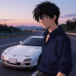 aesthetic illustration of ryosuke takahashi with black hair, wearing a dark blue shirt, standing by his white mazda rx 7 on an empty highway at dusk, cinematic lighting, initial d anime 1 0 8 0 p, detailed anime face, high detail, 9 0 s anime aesthetic, volumetric lights, rule of thirds, unreal engine 5 render, pinterest wallpaper, trending on artstation