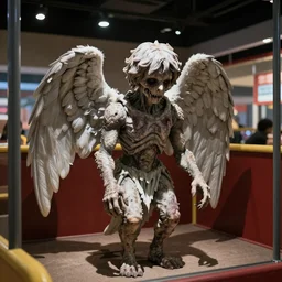 a biblically accurate angel nendroid inside a mcdonalds play place, realistic, creepy, harsh shadows