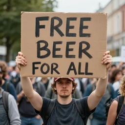 a protestor holding a sign that says free beer for all