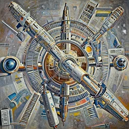 an epic colossal intergalactic space station, by Dean Ellis, by Vincent Di Fate, by Bruce Pennington, by David A. Hardy, by Wayne Barlowe, masterpiece, oil on canvas, trending on artstation, featured on pixiv, cinematic composition, dramatic scene, beautiful lighting, sharp, high details, no frames, 8K