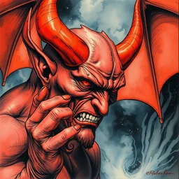 the devil. beautiful, realistic painting by mucha and kuvshinov and bilibin and malevich. synthwave watercolor, thick lining, manga, soviet realism