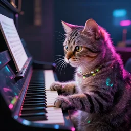 cat [ playing a piano ], [ synthwave art style ]!!, trending on cgsociety, neon art style, [ bioluminescent colors ]!!, 4 k surrealism