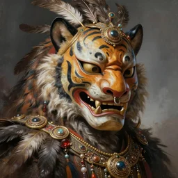 masterful fantastic realist painting an exotic ancient feathered and bejeweled beast wearing an exquisite and fiercely painted bugaku mask of a tiger, digital painting trending on artstation, nose ring, volumetric lighting and mist, cosplay, portrait painting, hyperrealistic, octane render