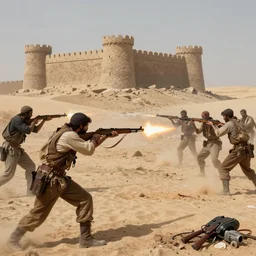 of Arc fighting zombies in Afghanistan Desert Dead Guns Firearm Shooting Violent Castle In the style of Edmund Blair Leighton