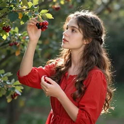 young woman in red dress picks berries