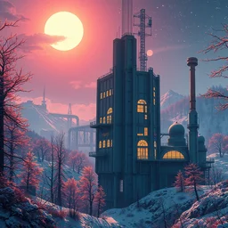 a beautiful very detailed anime illustration of industrial architecture city abandoned nature closet building urbex by eero saarinen, morning sun architecture island cosmic nature thermal imaging at winter lake postcyberpunk futuristic tron dramatic lighting, archdaily, wallpaper, highly detailed, trending on artstation.
