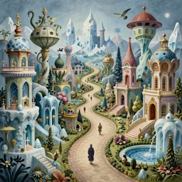 an epic elite mysterious whimsical masterpiece fantasy matte painting of an impossible surreal path winding through arctic dream worlds with surreal architecture designed by heironymous bosch, structures inspired by heironymous bosch's garden of earthly delights, surreal ice interiors by cyril rolando and cyril rolando and asher durand and natalie shau, detailed and intricate, sharp focus, complex, elegant